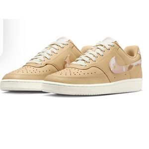 Nike Court Vision Low Leather Sneakers Tan Pink Camo Accent Shoes Women's Sz 8.5